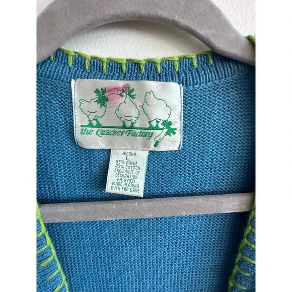 The Quacker Factory Blue Long Sleeve Embroidered knit Cardigan Sweater Size L - Picture 2 of 5